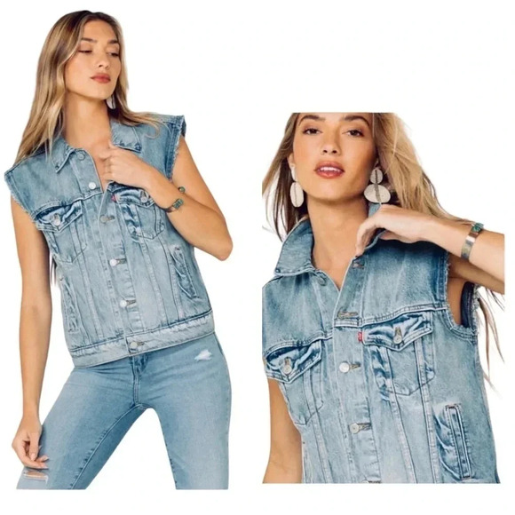 LEVI’S | Women Free Spirited Denim Medium Wash Cotton Trucker Vest Size S - Picture 1 of 10